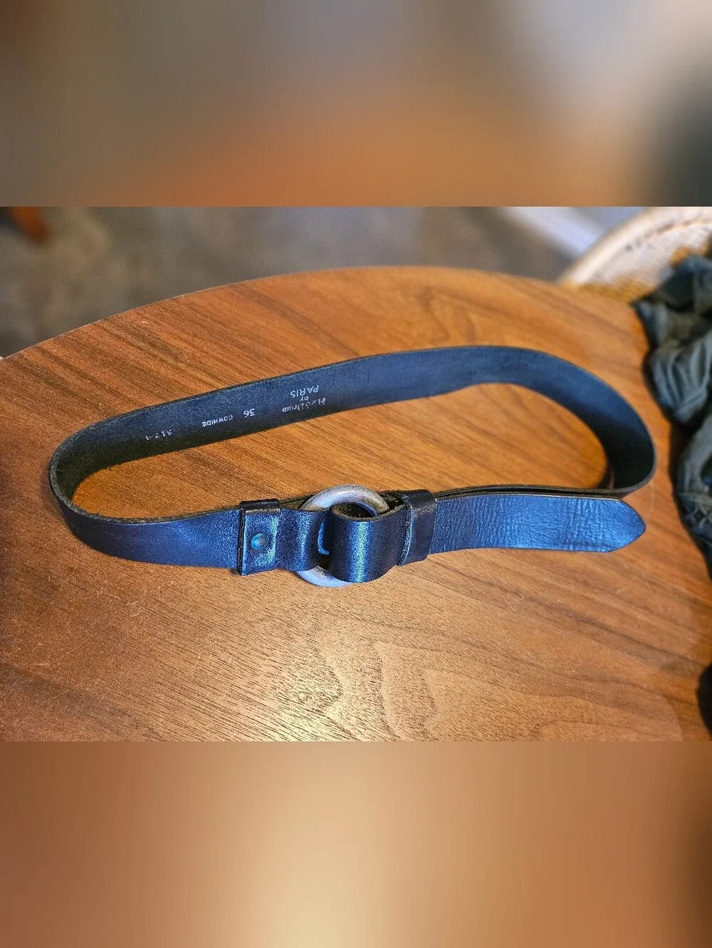 Vintage Fife & Drum Paris Black Cowhide Leather Silver Tone Ring Boho Belt 36